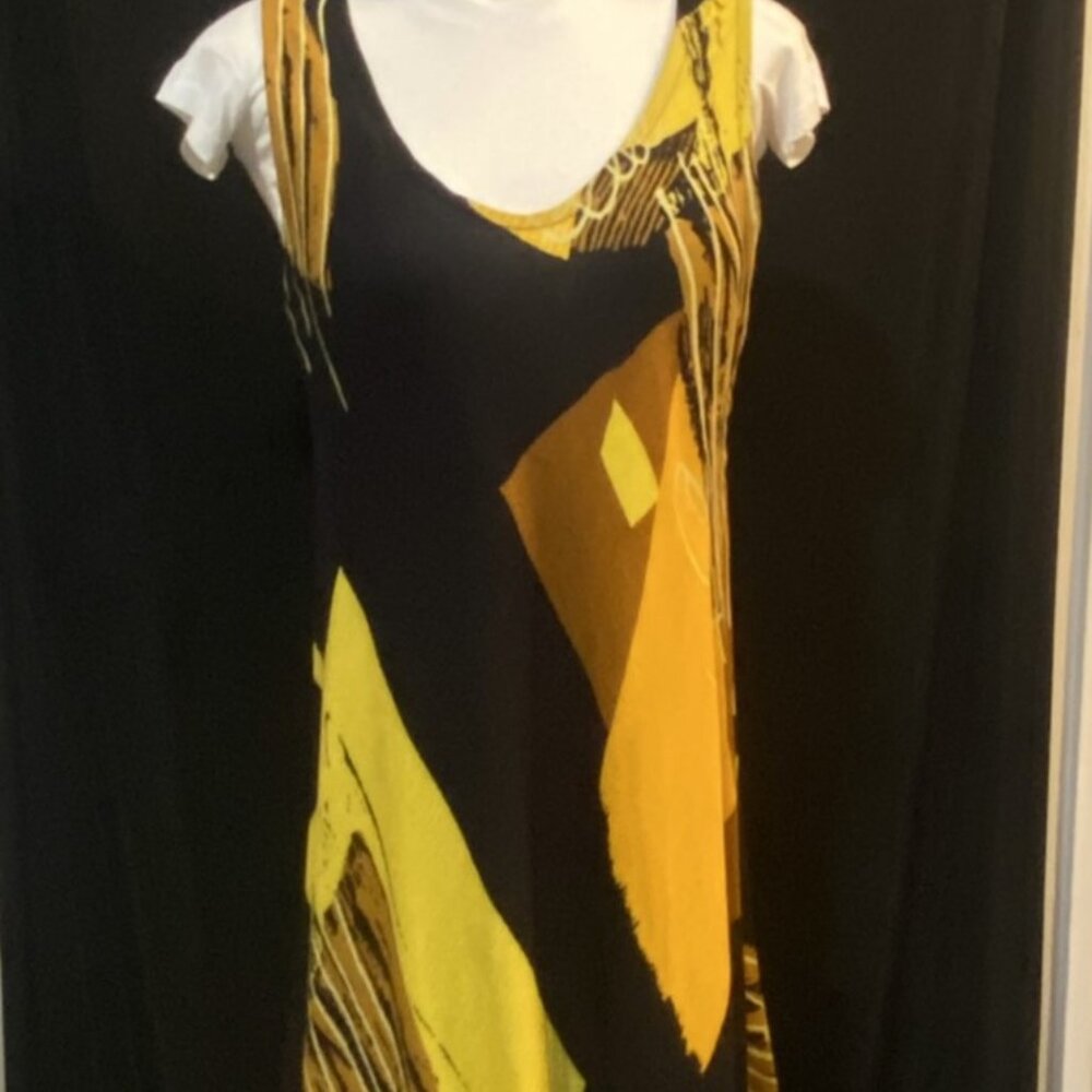 Vintage Abstract Sunset Maxi Dress Asymmetric Hem Boho Geometric M L XL